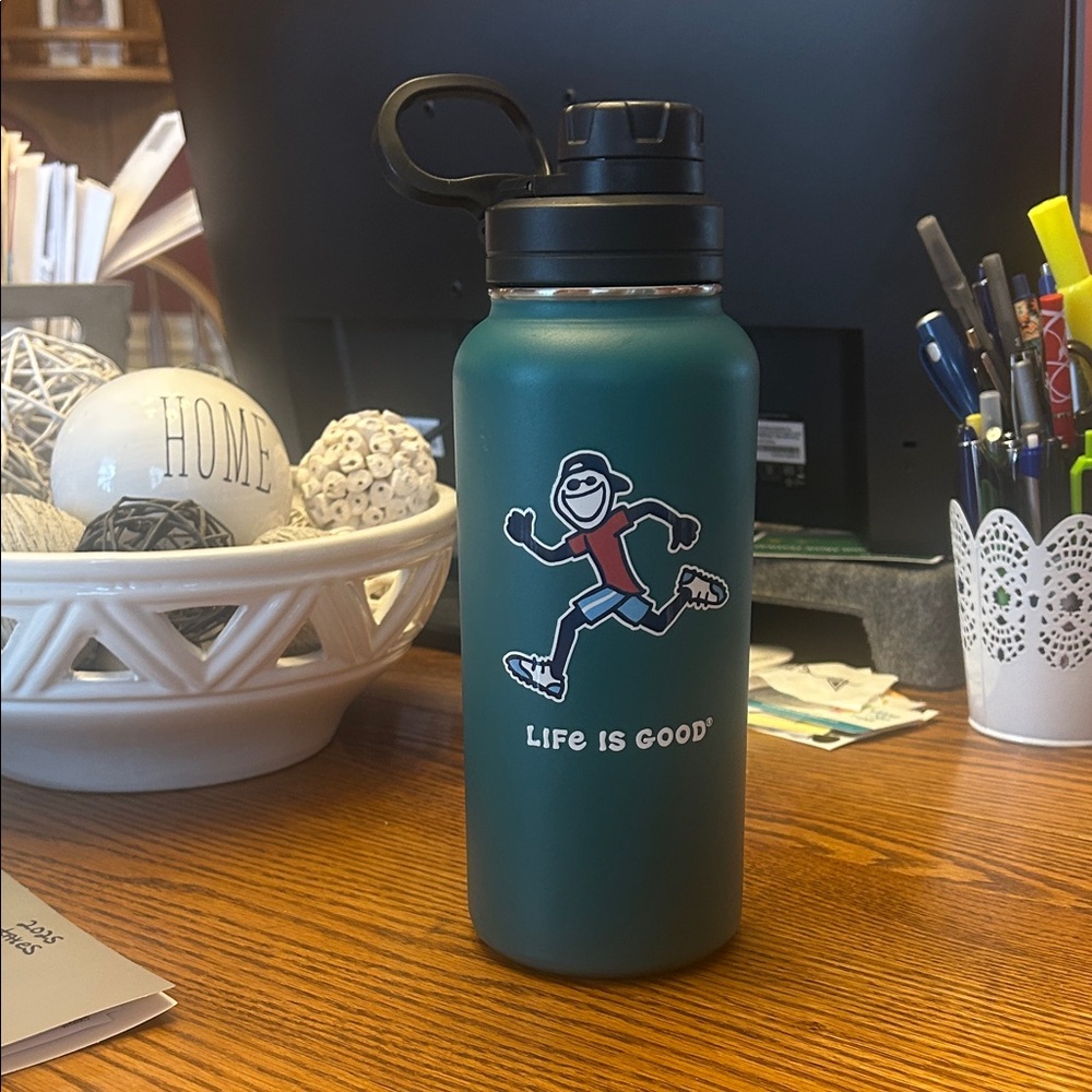 Life Is Good Green Water Bottle with Black Lid